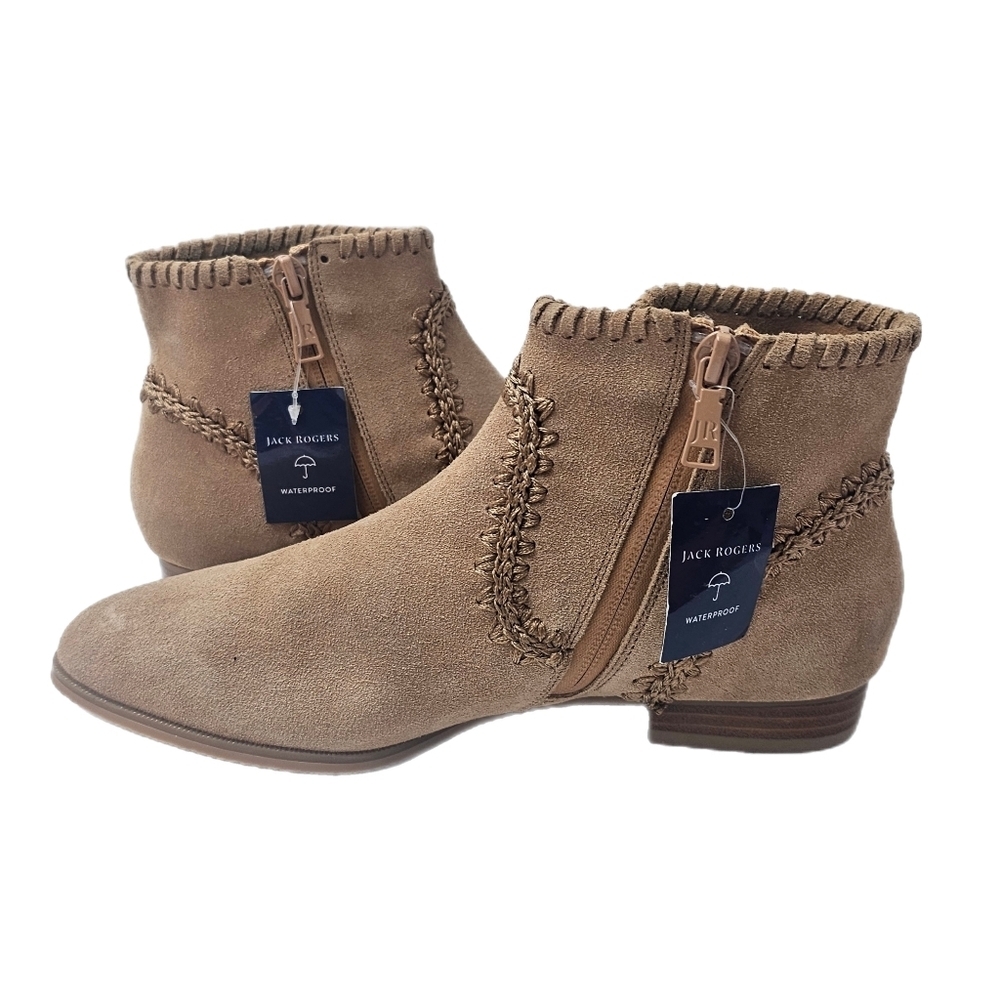 Jack Rogers Gemma Suede Waterproof Ankle Booties Tan 6.5 NWT Side Zip Low Heels